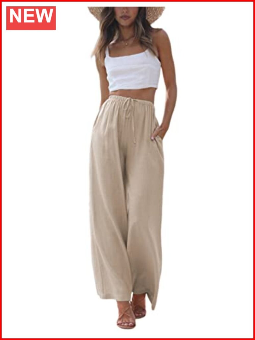Cotton Linen Palazzo Pants Wide Leg Flowy Beach Trousers with Pockets